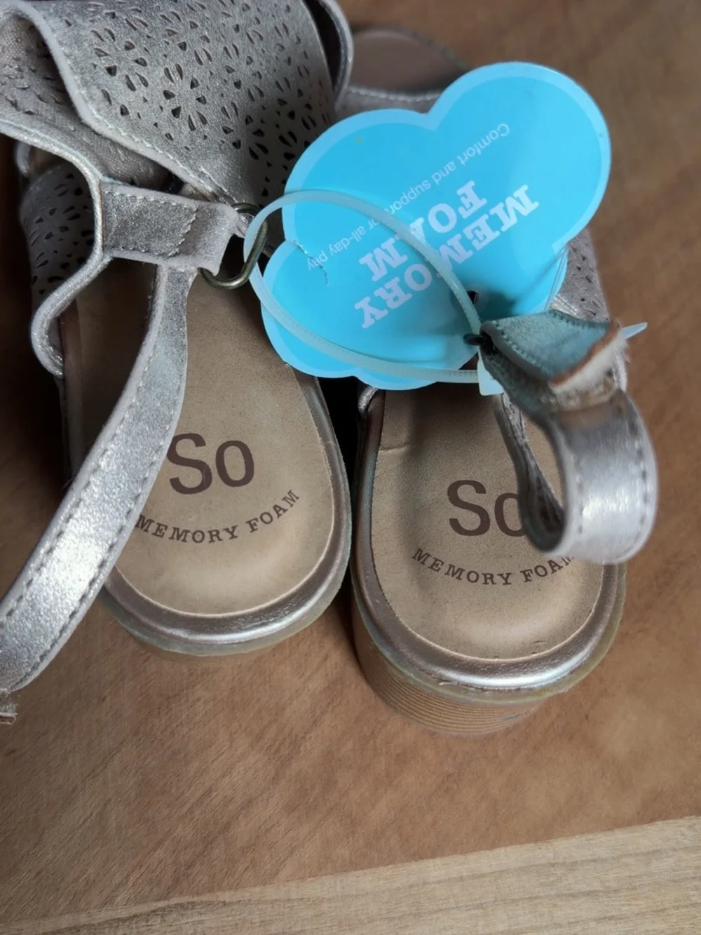 SO Girls Metallic Silver Laser-Cut Memory Foam Sandals